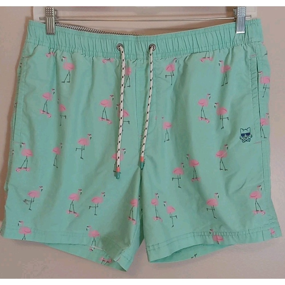 Party Pants Men Green Printed‎ Pink Flamingos Drawstring Board Shorts Size Xl